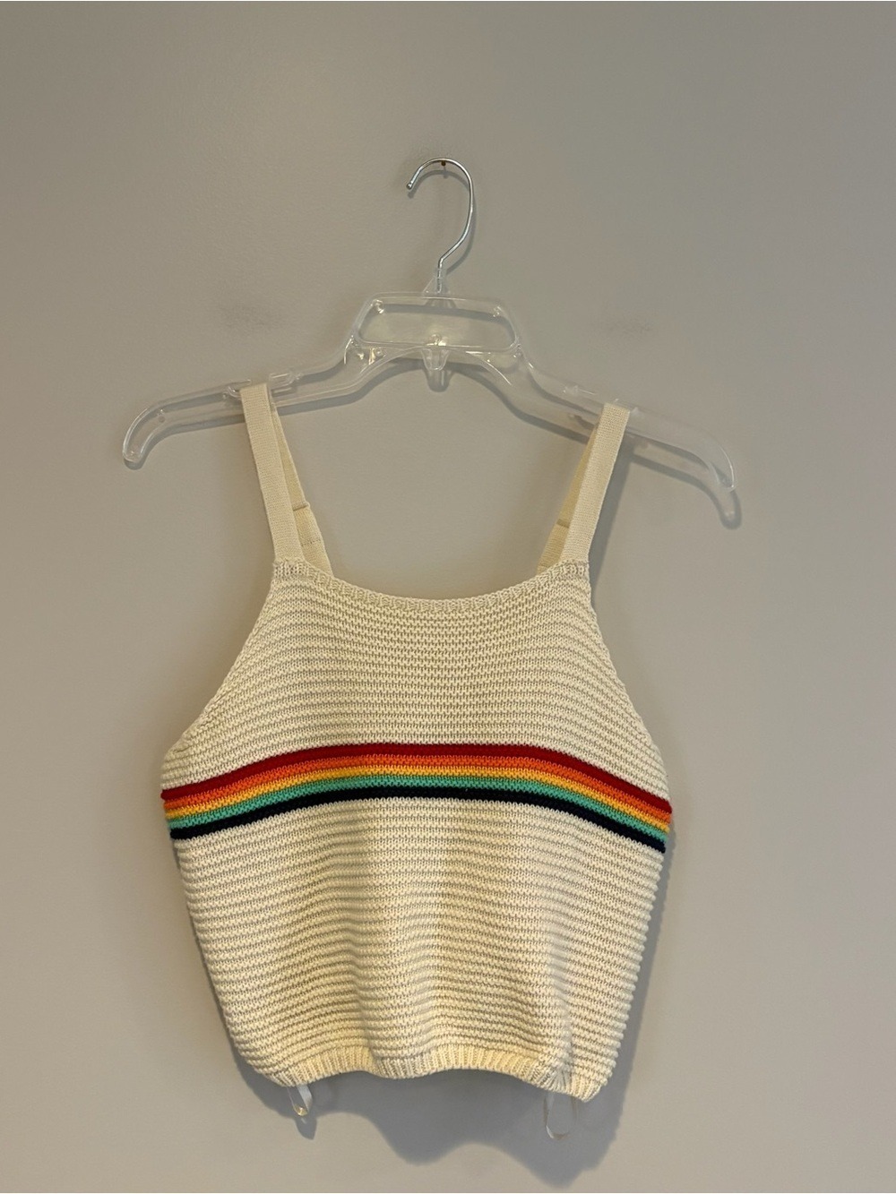 Johnny Becca Cream Knit Women's Adjustable Strap Top with Rainbow Trim Size M